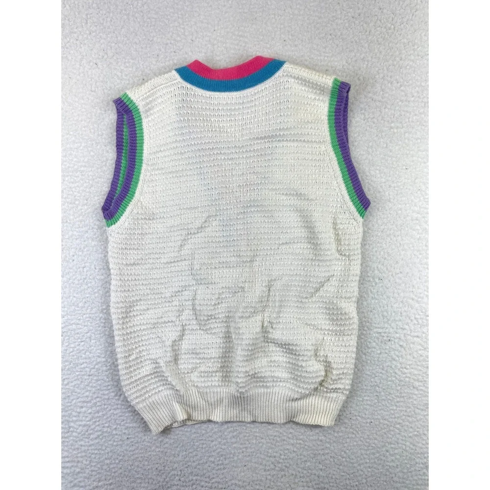 Leon Levin Hand Loomed Knit Sweater Vest Women's S White‎ Pink Blue  Ramie VTG - Picture 9 of 11